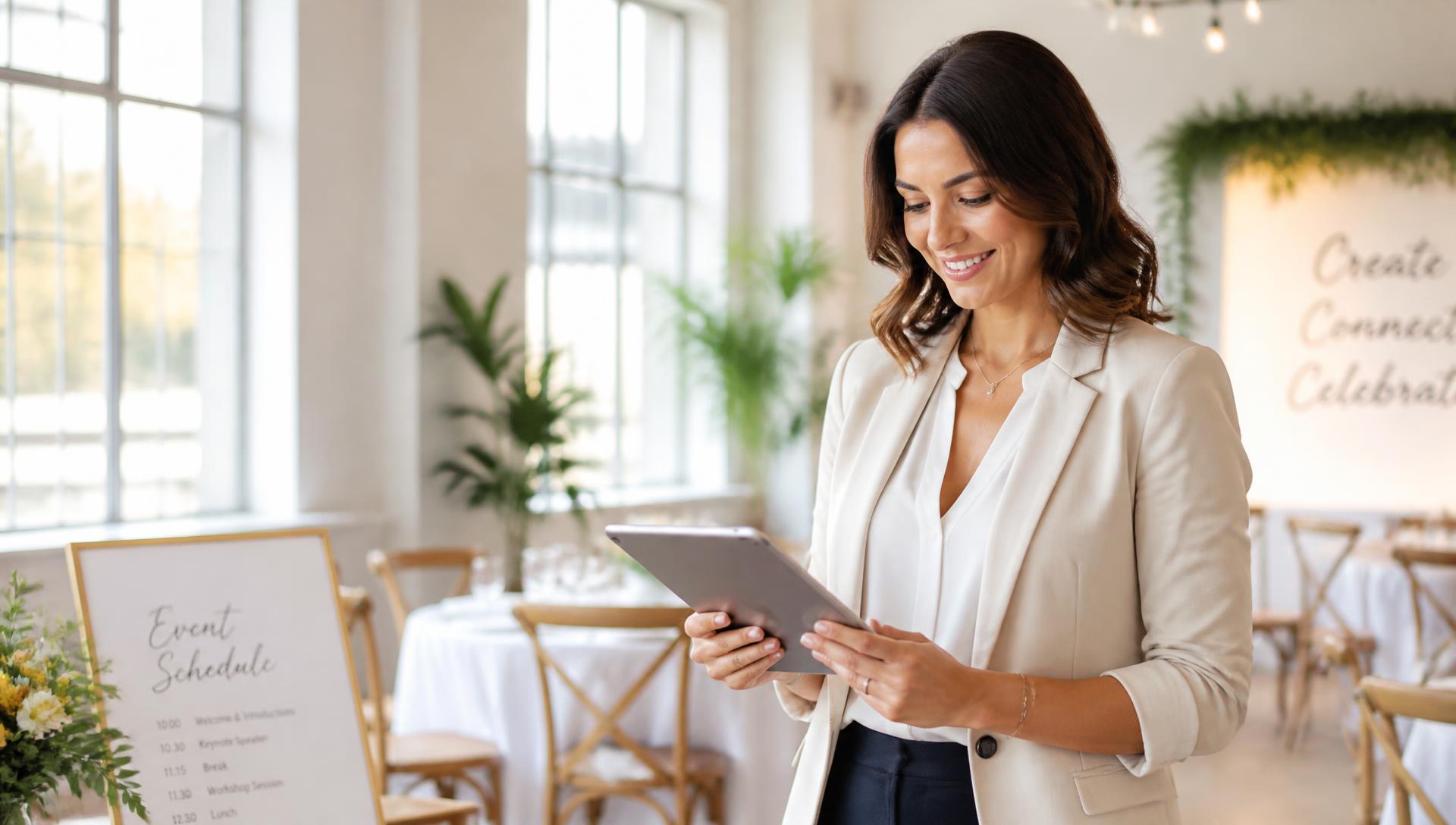 Veranstalterin organisiert ein Firmen-Event mit Tablet in hellem Ambiente